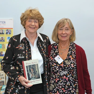 Pam Ayres with Janet Gleeson at the Dorchester Literary Festival